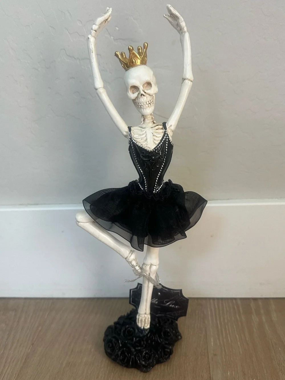 Bella Lux Skeleton Ballerina Figurine Black Tutu Gold Crown Halloween NWT